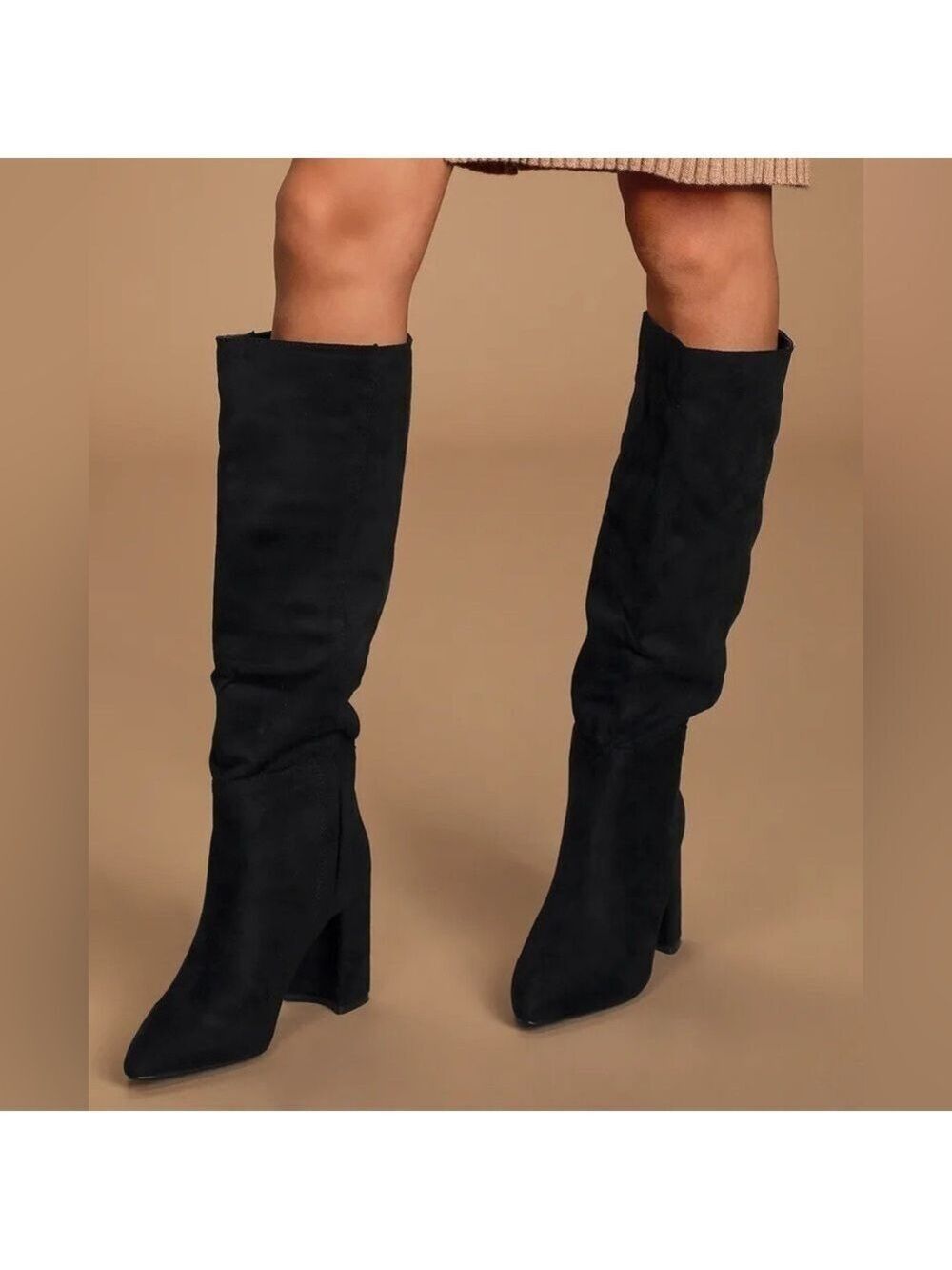 Givana Knee High Black Suede Block Heeled Boots Size 37